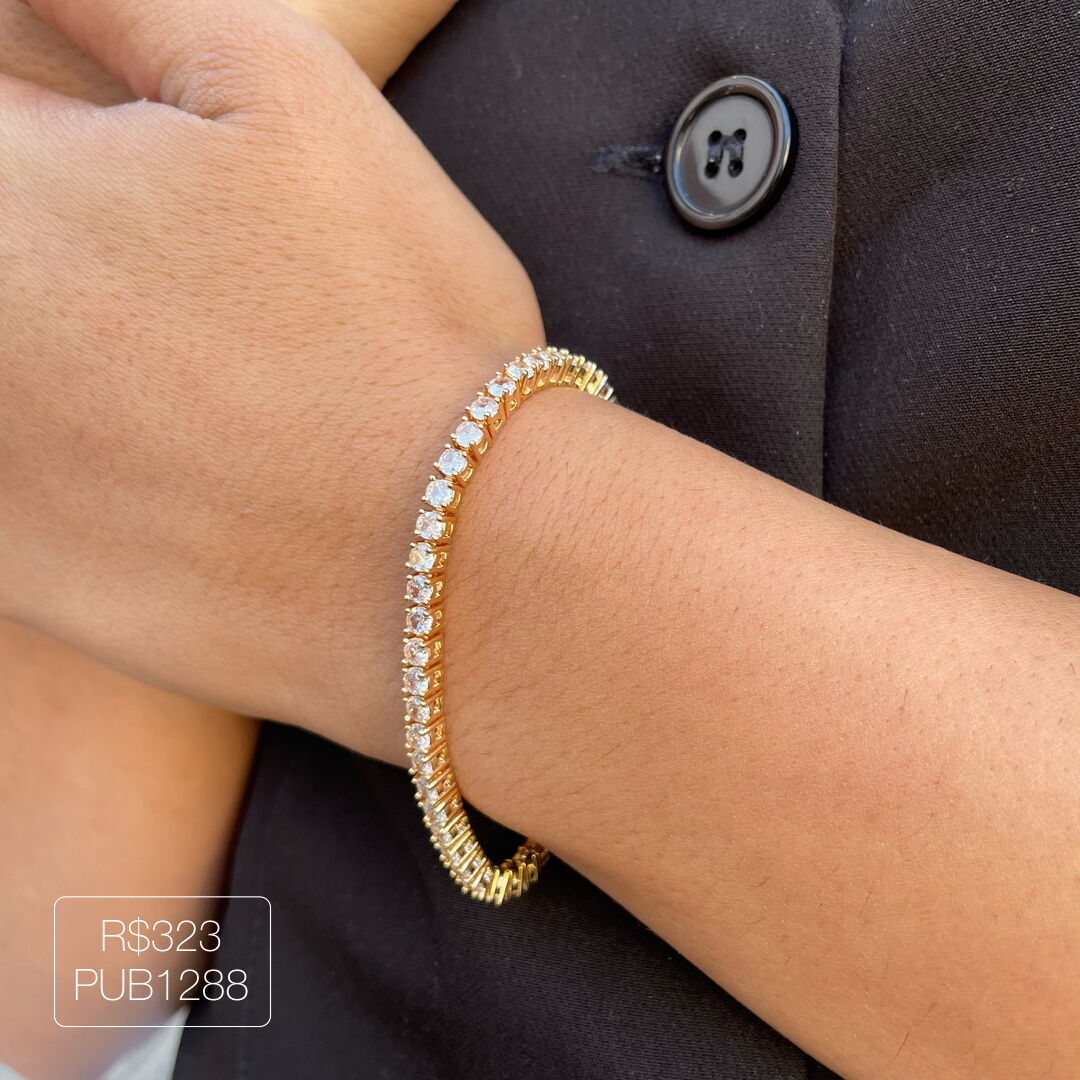 Pulseira Riviera Fundida Cristal Dourada